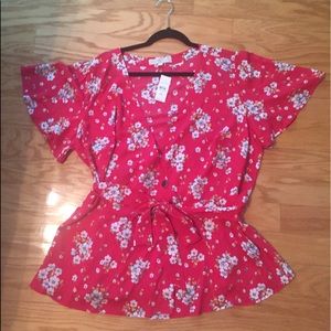 Loft Wrap Blouse NWT Size 16 Plus Red Floral